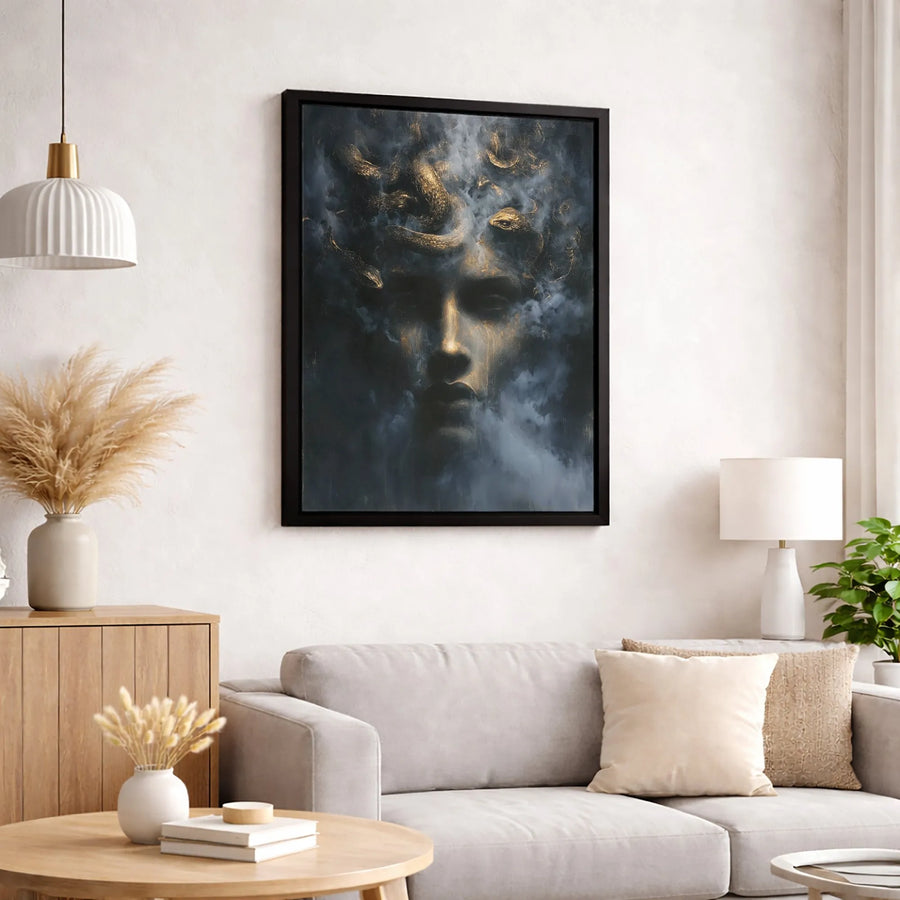 Medusa Wall Art Canvas | Dark Fantasy Greek Mythology Gold Snake Portrait | Premium Gallery Wrap Print | Modern Home Decor Gift