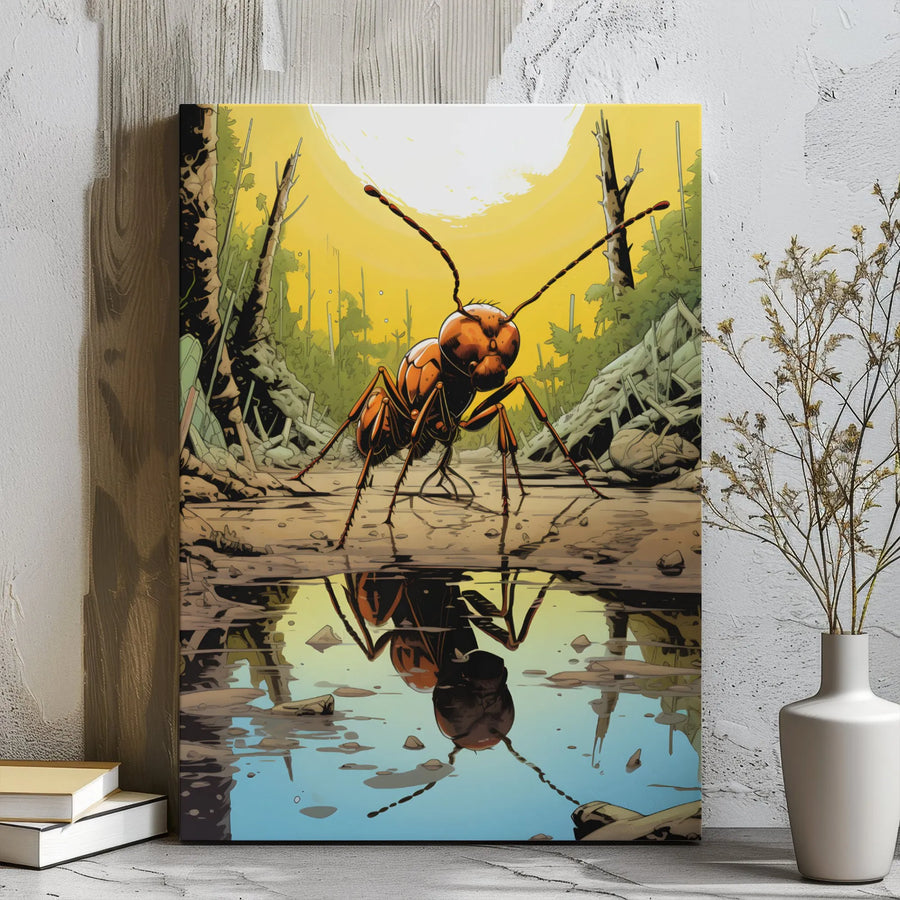 Ant Canvas Wall Art | Comic Book Style Insect Illustration | Premium Gallery Wrap Print | Nature Lover Gift for Office Decor