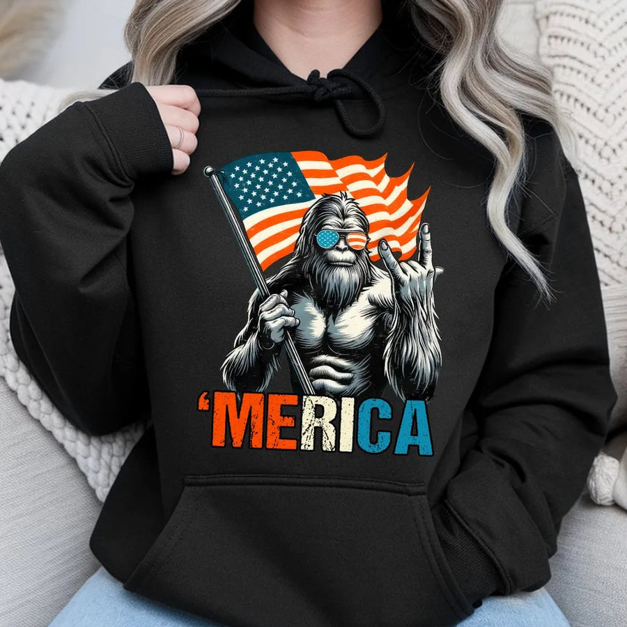 Bigfoot Merica Hoodie | American Flag Sasquatch Graphic | Soft Cotton Blend Pullover | Funny Patriotic Gift for Men