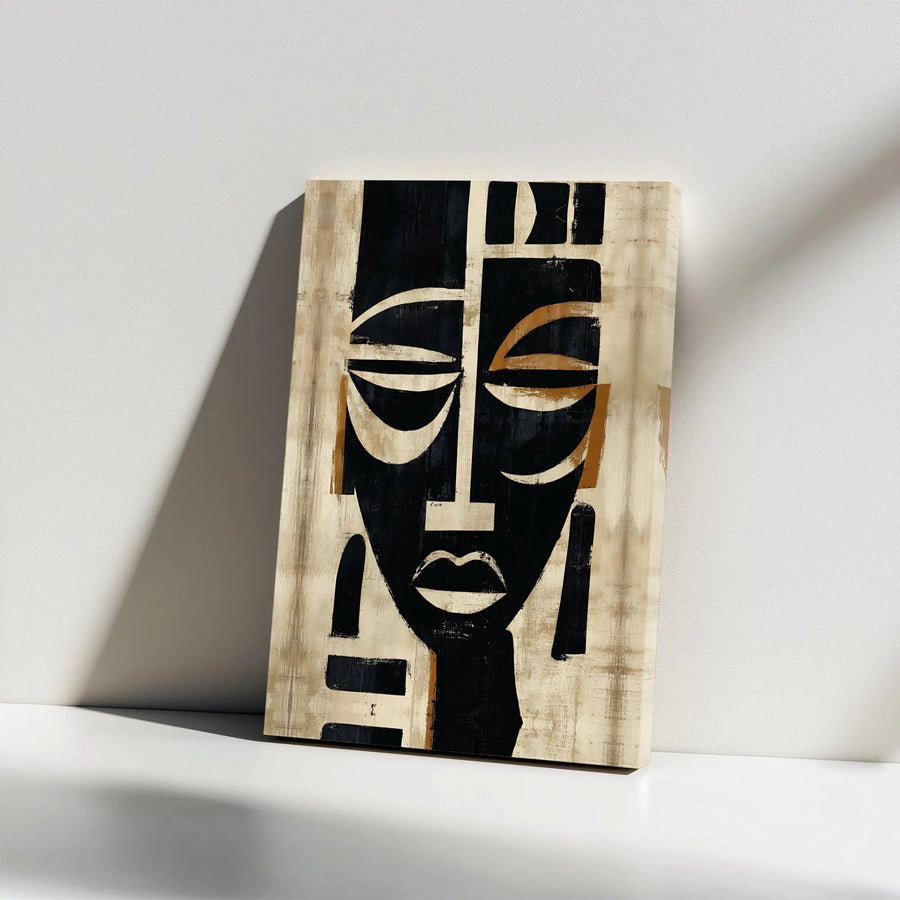 African Mask Canvas Wall Art | Abstract Cubist Face Portrait | Premium 1.25" Thick Gallery Wrap | Collector's Gift for Modern Home Decor