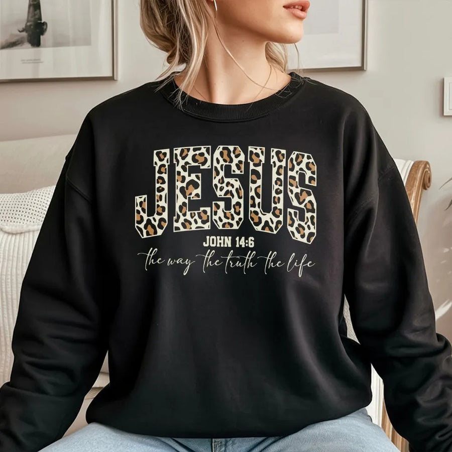 Christian Sweatshirt for Women | Cheetah Print Jesus Bible Verse Pullover | Premium Cotton Blend | Faith Based Religious Gift