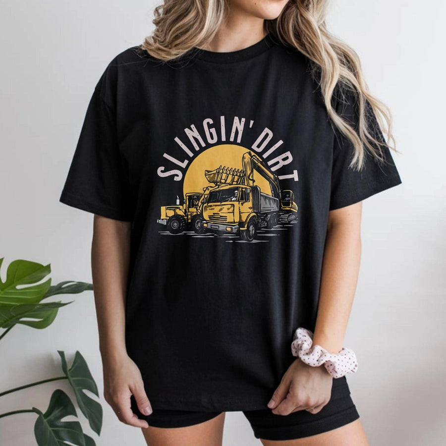 Heavy Equipment Operator T-Shirt | Slingin' Dirt Excavator Graphic | 100% Cotton Premium Tee | Funny Construction Worker Gift for Men