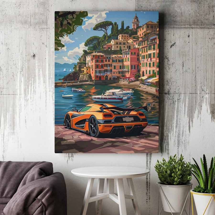 Luxury Supercar Canvas Wall Art | Italian Coastline Travel Decor | Premium Fade-Resistant Gallery Wrap | Car Enthusiast Gift for Office