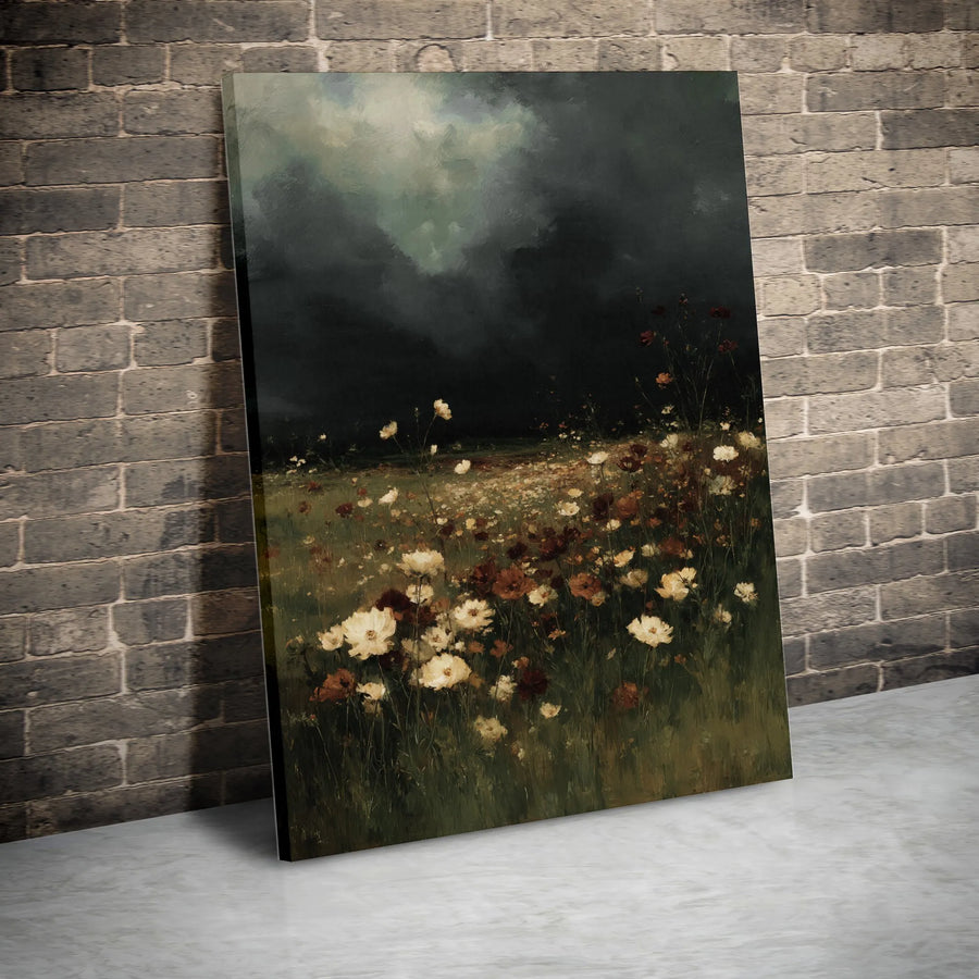 Moody Wildflower Canvas Art | Stormy Sky Botanical Meadow Painting | Gallery Quality Premium Print | Dark Academia Home Decor Gift