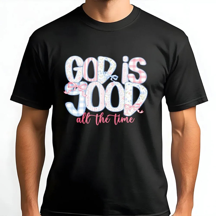 God Is Good All The Time T-Shirt | Pastel Floral Bow Print | Premium Soft Cotton | Inspirational Christian Gift for Women