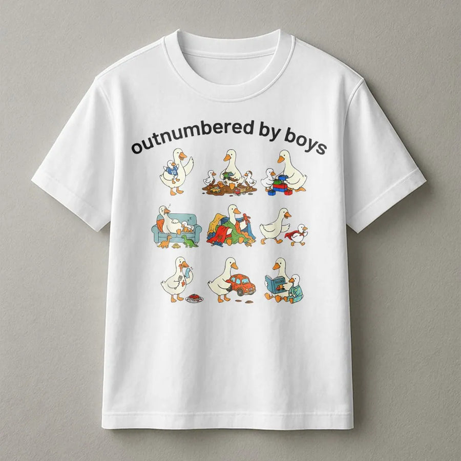 Funny Boy Mom T-Shirt | Outnumbered By Boys Goose Graphic | Cozy Cotton Blend | Mothers Day Gift for Boy Mama