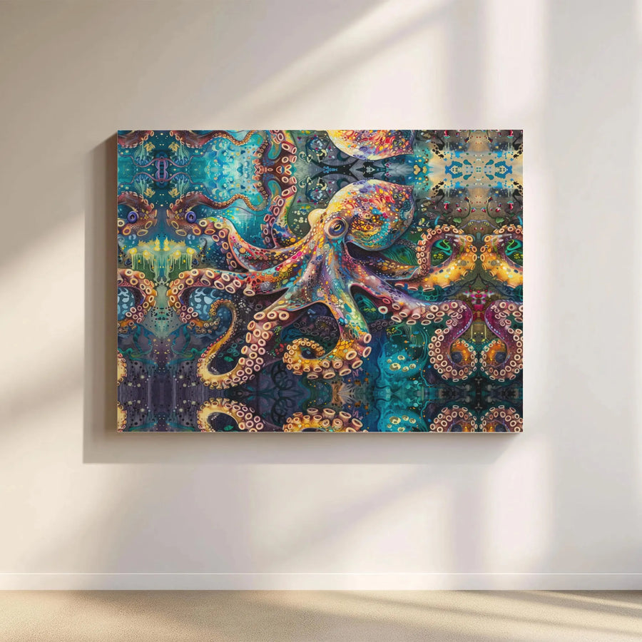 Psychedelic Octopus Canvas Wall Art | Colorful Abstract Kraken Painting Print | Premium Gallery Wrap Canvas | Unique Ocean Lover Gift