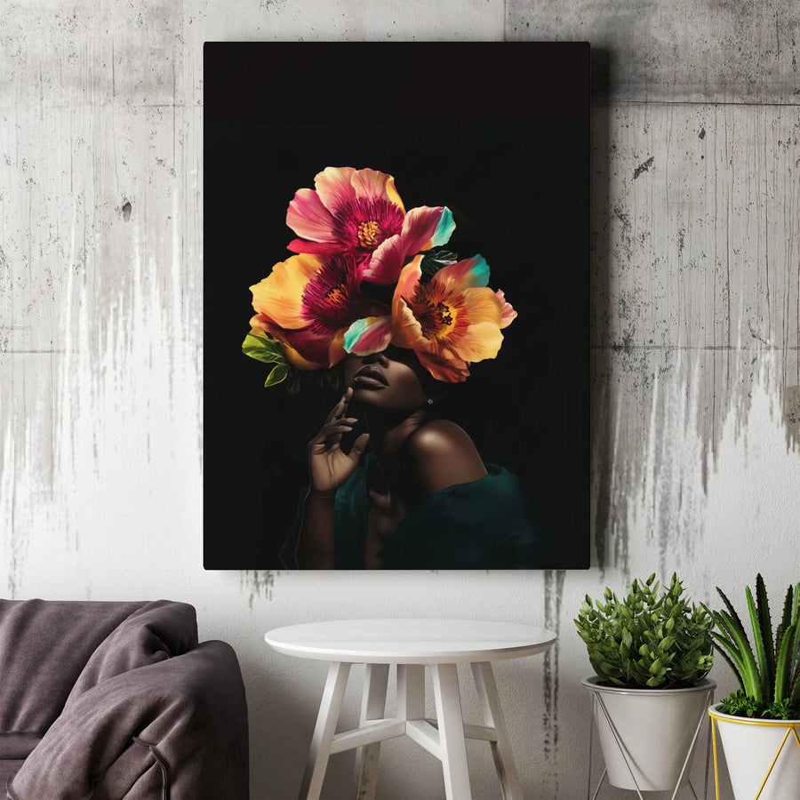 Black Woman Floral Portrait Canvas | Vibrant Botanical Surrealism Wall Art | Gallery-Quality Fade-Resistant Print | Premium Home Decor Gift