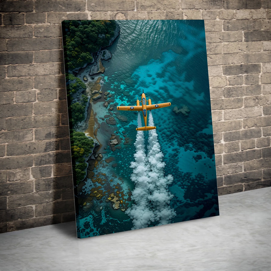 Aerial Airplane Canvas Print | Yellow Propeller Plane Over Tropical Coast | Premium 1.25" Thick Gallery Wrap | Aviation Wall Art Gift For Pilots