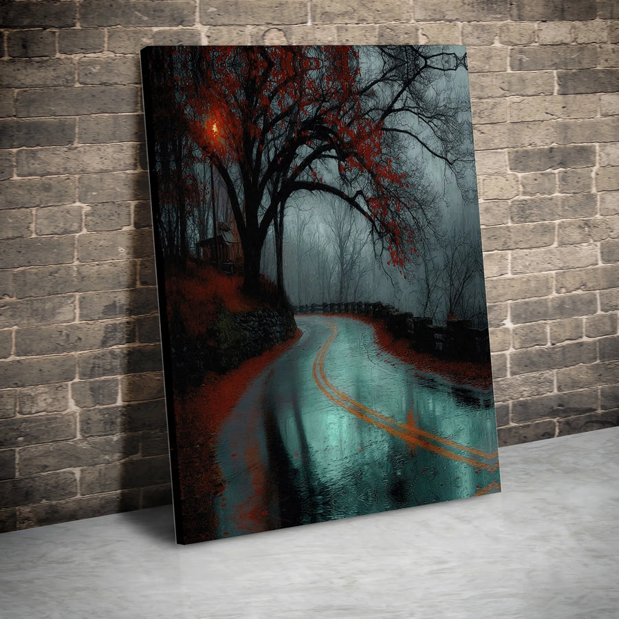 Autumn Forest Road Canvas Print | Foggy Moody Nature Wall Art | 1.25 Inch Gallery Wrap | Premium Landscape Decor for Living Room