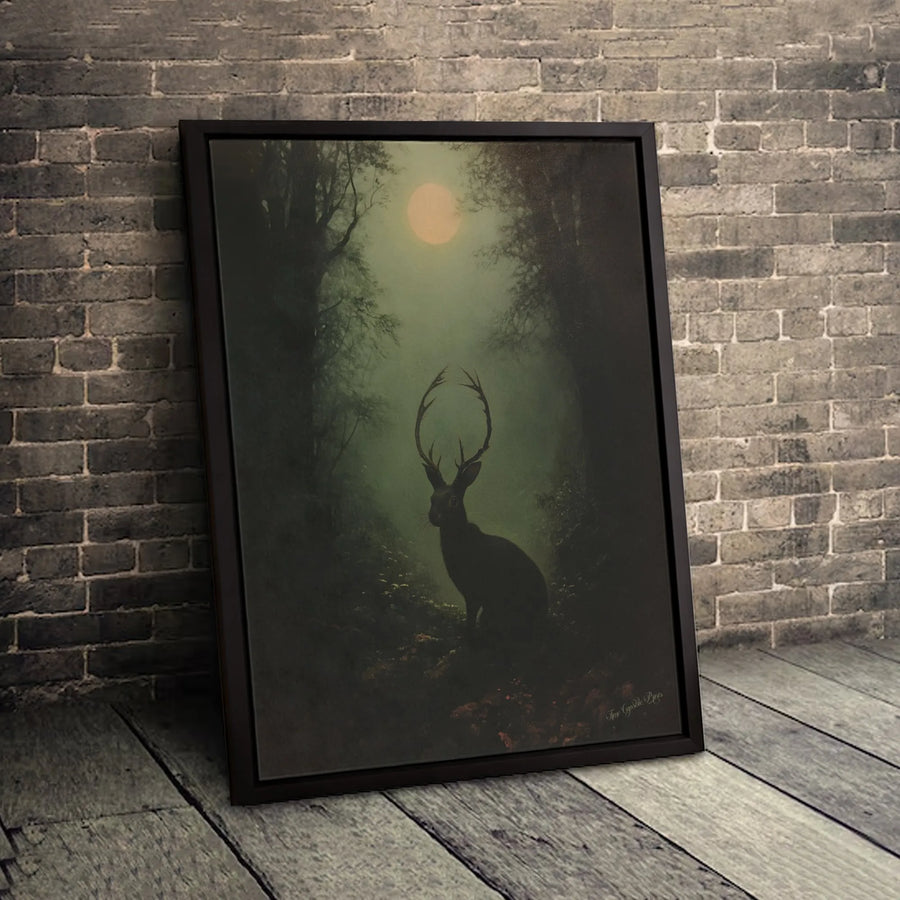 Dark Forest Jackalope Wall Art | Moody Mystical Rabbit with Antlers Canvas Print | Gallery-Quality Premium Decor | Unique Folklore Home Gift