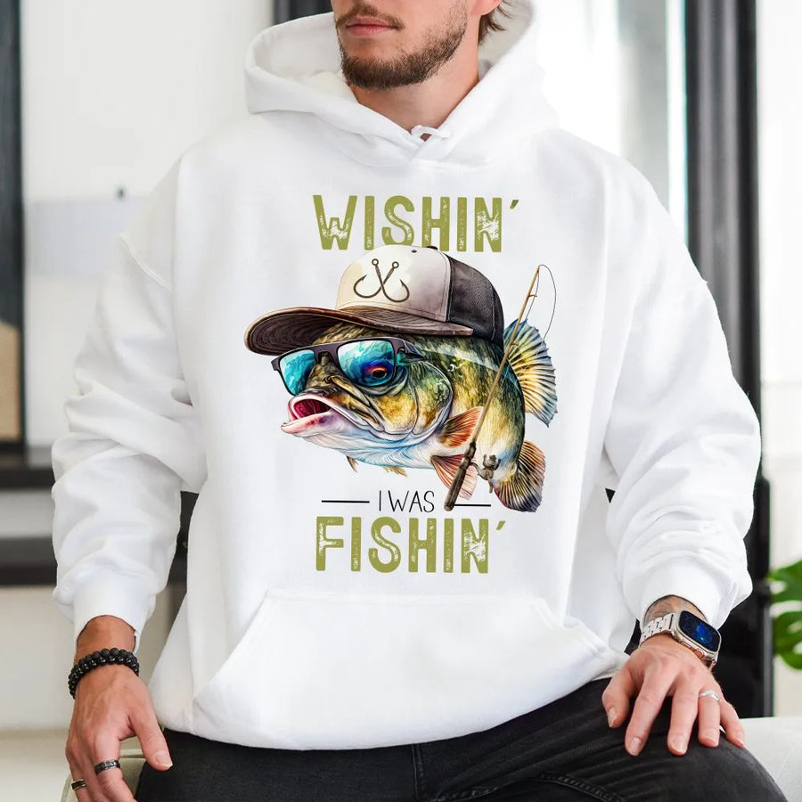 Wishin' I Was Fishin' Hoodie | Cool Bass Graphic with Sunglasses | Premium Cotton Blend | Funny Fishing Gift for Men and Women