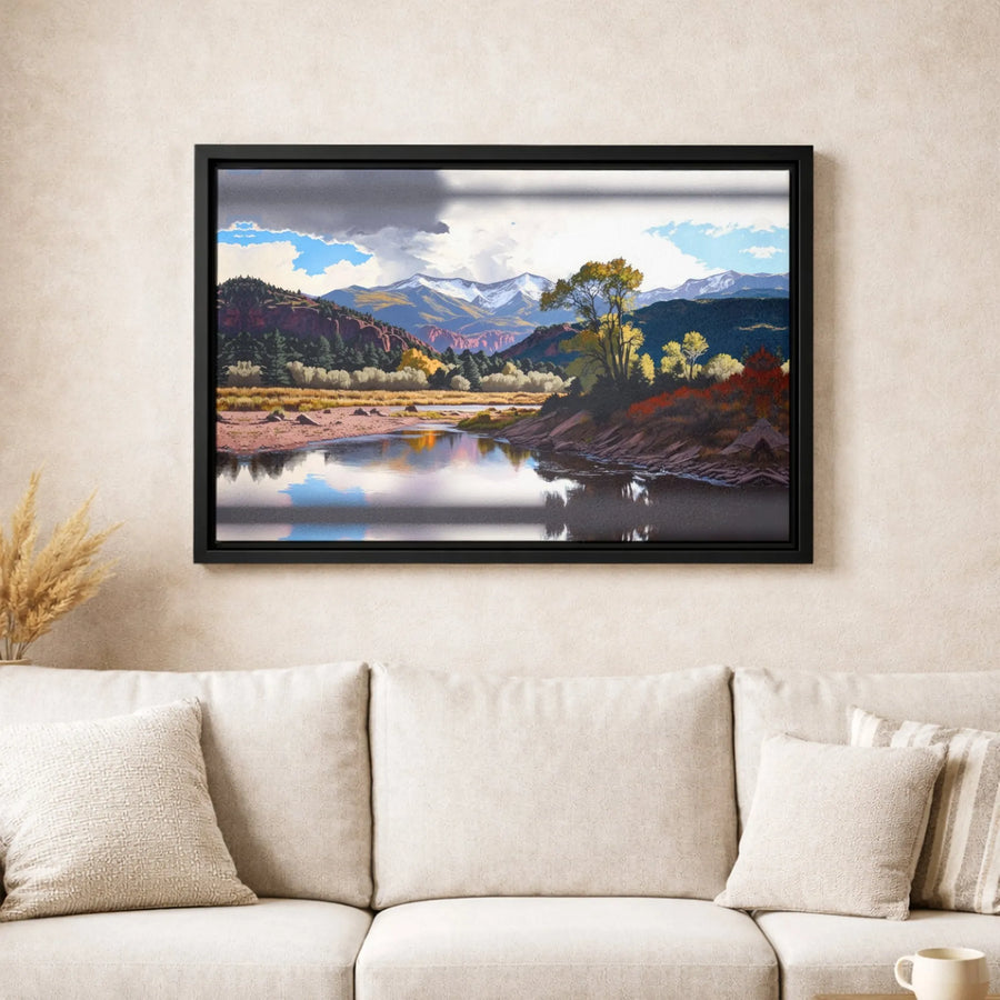 Mountain River Landscape Canvas Art | Snow-Capped Peak Nature Wall Decor | Gallery-Wrapped Premium Print | Rustic Cabin Interior Gift