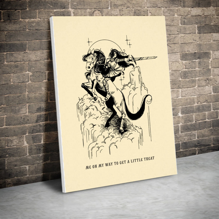 Funny Knight Meme Canvas Print | Vintage Line Art 'A Little Treat' Quote | Premium Gallery Wrapped Canvas | Humorous Wall Decor Gift