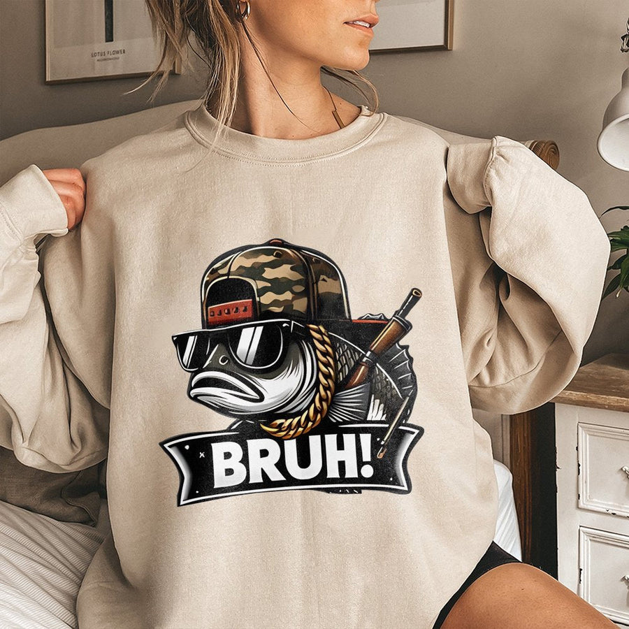 Cool Bass Fish Graphic Sweatshirt | Funny Bruh Fishing Streetwear | Soft Cotton Blend Unisex Pullover | Unique Fisherman Gift Idea