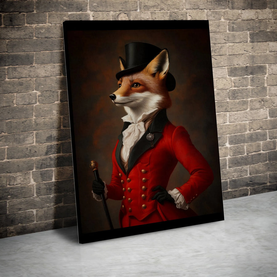 Dapper Gentleman Fox Canvas Wall Art | Victorian Anthropomorphic Red Coat Portrait | Premium Gallery Wrapped Print | Unique Office Decor Gift