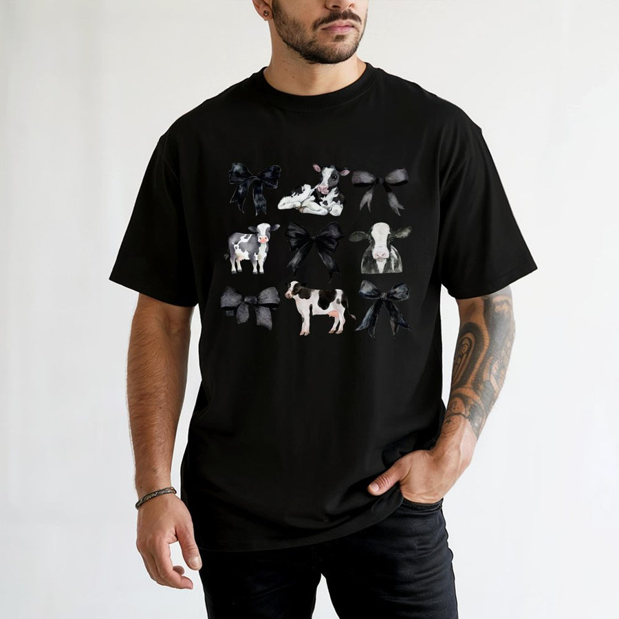 Coquette Cow Graphic T-Shirt | Farm Aesthetic Bows Design | Premium 100% Cotton | Cute Animal Lover Gift for Women
