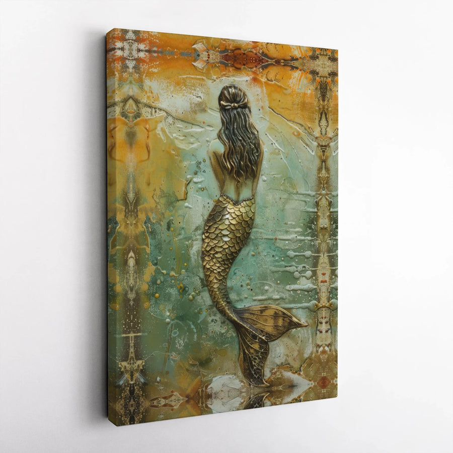 Gold Mermaid Wall Art | Abstract Coastal Canvas Print | Premium Gallery Wrap Decor | Coastal Home Gift For Ocean Lovers