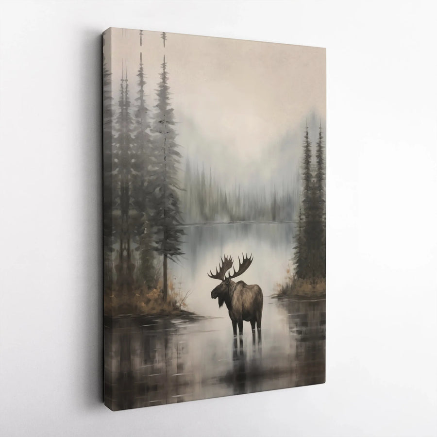 Moose Canvas Wall Art | Misty Forest Lake Painting | Premium 1.25-Inch Gallery Wrap | Rustic Wildlife Decor for Home or Office Gift