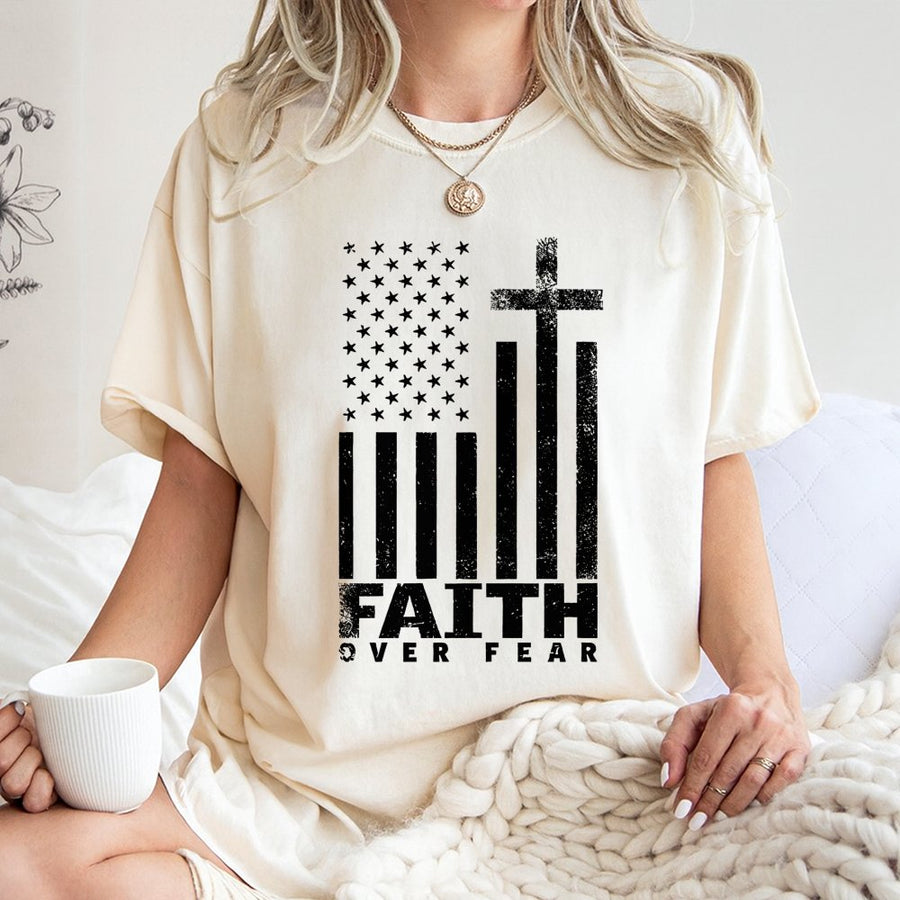 Faith Over Fear T-Shirt | American Flag Cross Graphic | 100% Cotton Premium Tee | Christian Patriot Gift for Men and Women