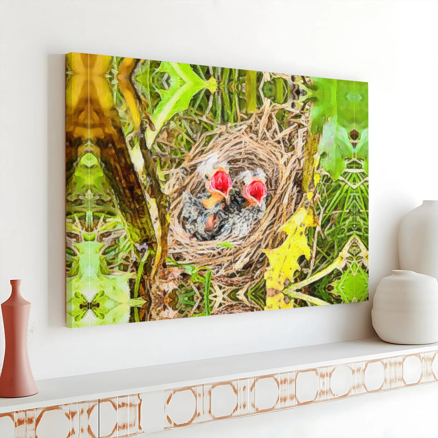 Baby Birds in Nest Canvas Wall Art | Painterly Wildlife Print | Premium Fade-Resistant Canvas | Nursery Decor & Nature Lover Gift