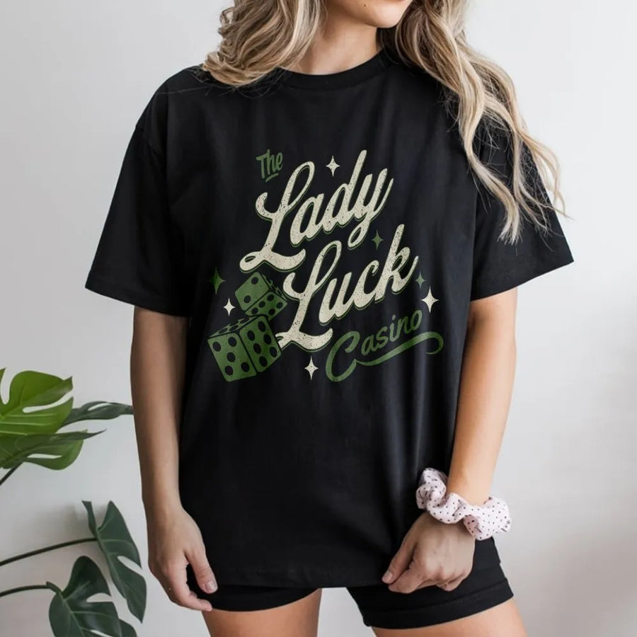 Good Luck T-Shirt | Vintage Lady Luck Casino Graphic | Premium Unisex Pullover | Gift for Gamblers, Vegas Trip Apparel