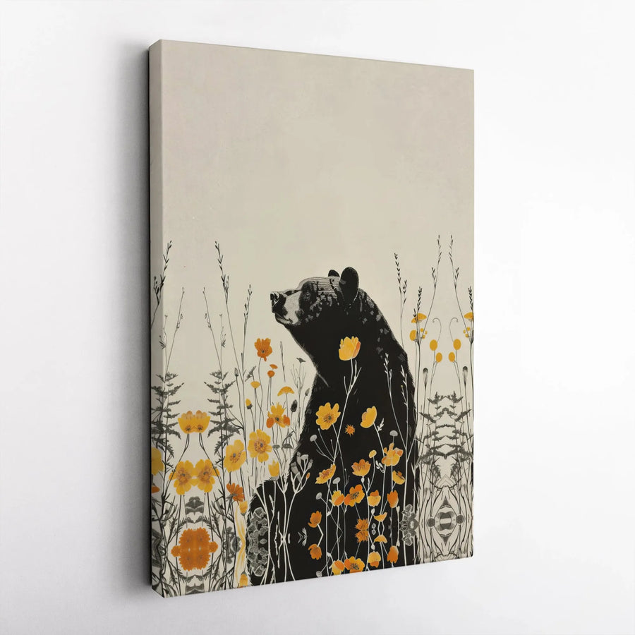 Black Bear Wall Art | Botanical Yellow Wildflowers Illustration | Premium Gallery Canvas | Nature Inspired Home Decor Gift