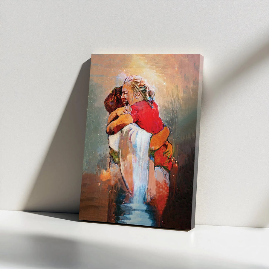 Jesus Embracing Crying Woman Canvas | First Day in Heaven Spiritual Art | Premium 1.25-inch Gallery Wrap | Comforting Christian Home Decor Gift