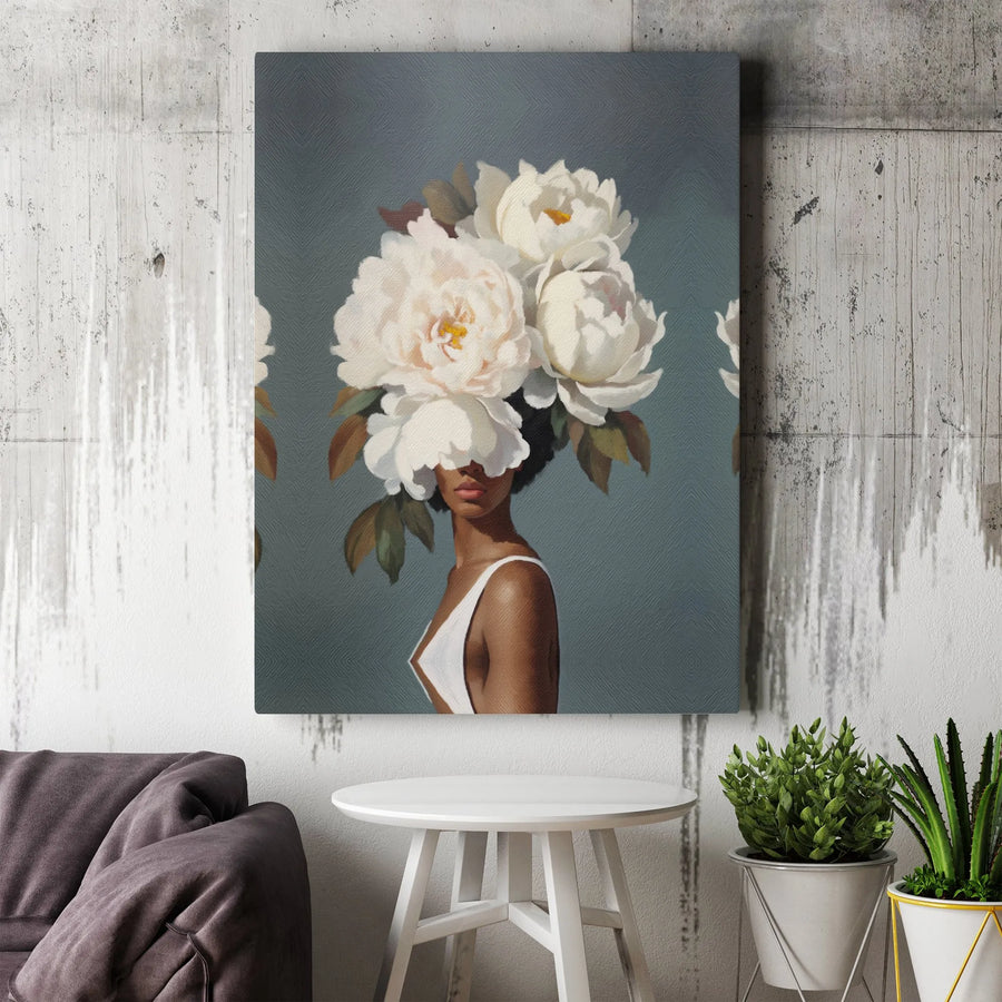 Black Woman Surrealist Canvas Art | White Peony Floral Portrait | Premium Gallery Wrapped Print | Modern Minimalist Home Decor Gift
