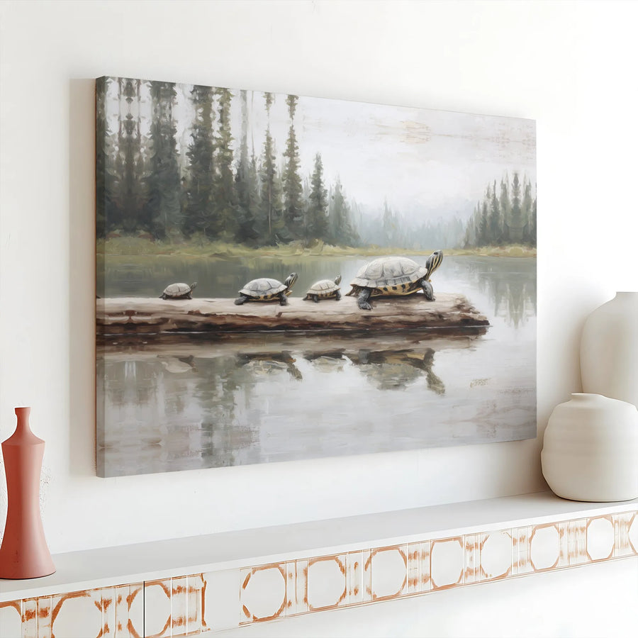Turtle Family Wall Art | Woodland Lake Landscape Canvas Print | Premium Gallery Wrapped | Nature Lover Home Decor Gift