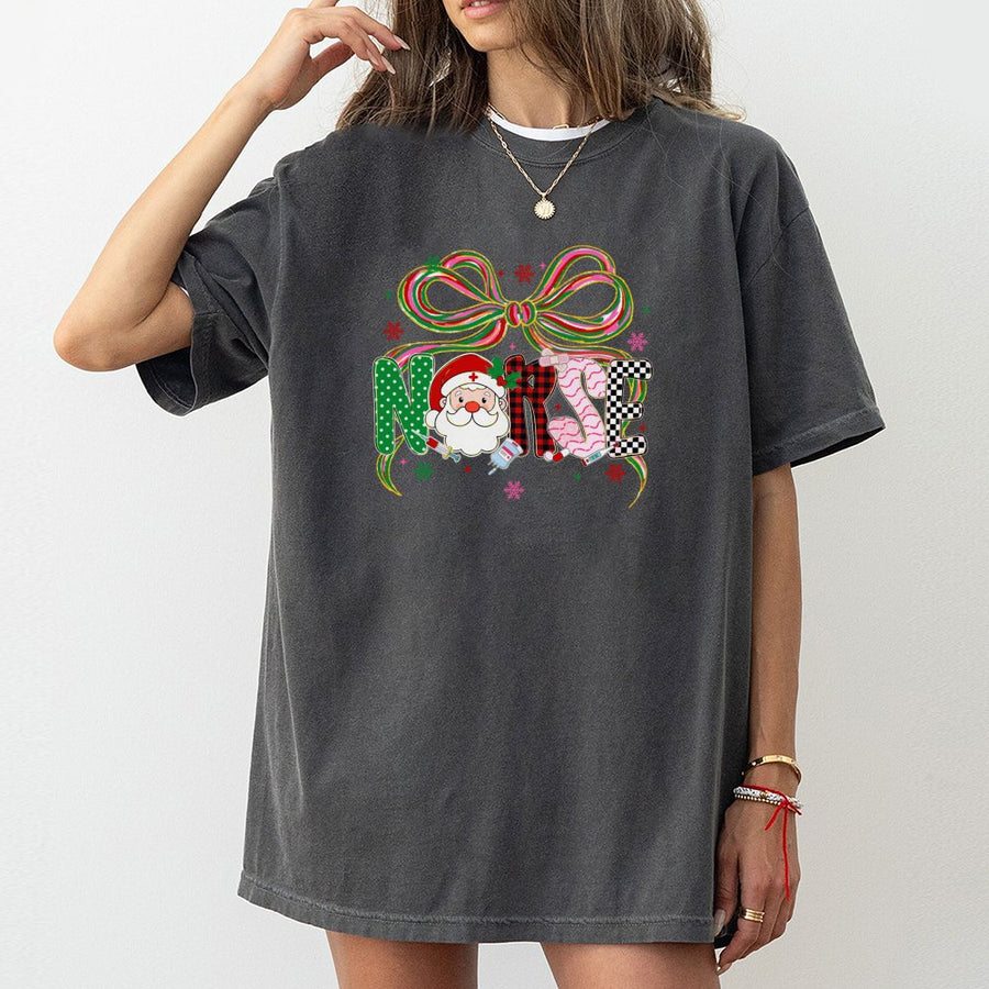 Christmas Nurse T-Shirt | Santa Coquette Bow Graphic Design | 100% Cotton Premium Tee | Holiday Gift for Nurses & Medical Professionals