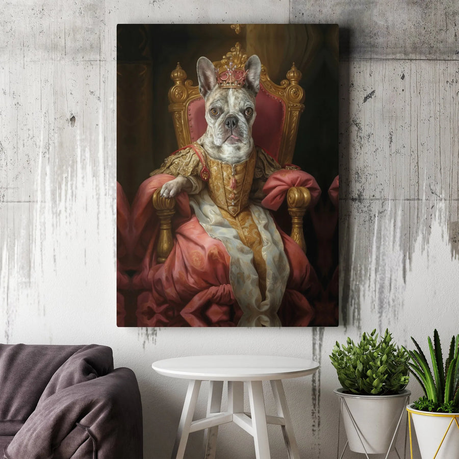 Royal Queen French Bulldog Canvas Wall Art | Regal Pet Portrait on Throne | Premium Fade-Resistant Gallery Wrap | Unique Dog Lover Gift