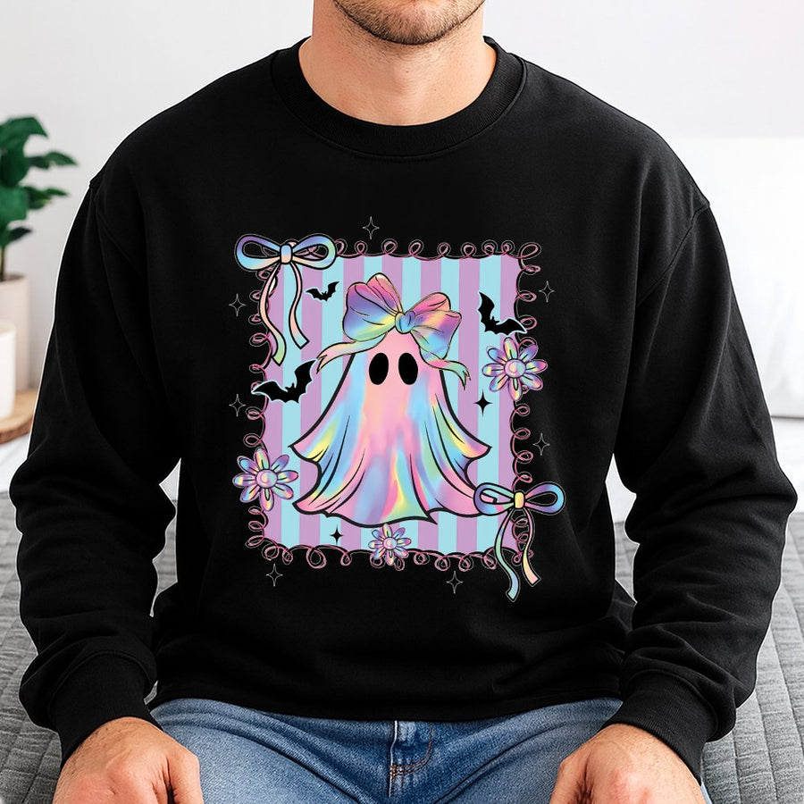 Coquette Ghost Sweatshirt | Iridescent Bow Halloween Aesthetic | Soft Cotton Blend Crewneck | Cute Spooky Season Gift For Her