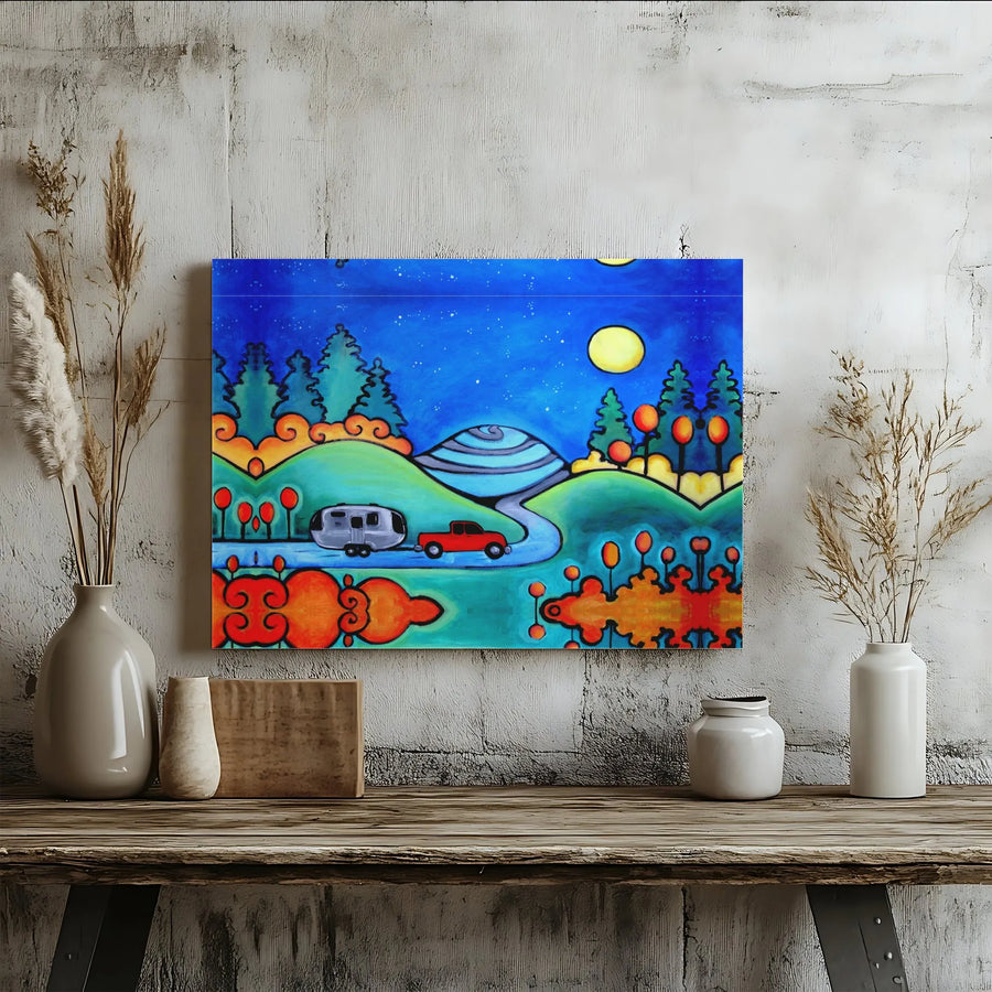 Folk Art Landscape Canvas Wall Art | Whimsical Red Truck And Camper Trailer | Premium Fade-Resistant Print | Unique Gift For Nature Lovers