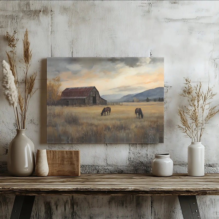 Rustic Barn Canvas Wall Art | Horses in Meadow Painting Print | Premium Gallery Wrapped Canvas | Farmhouse Country Decor Gift