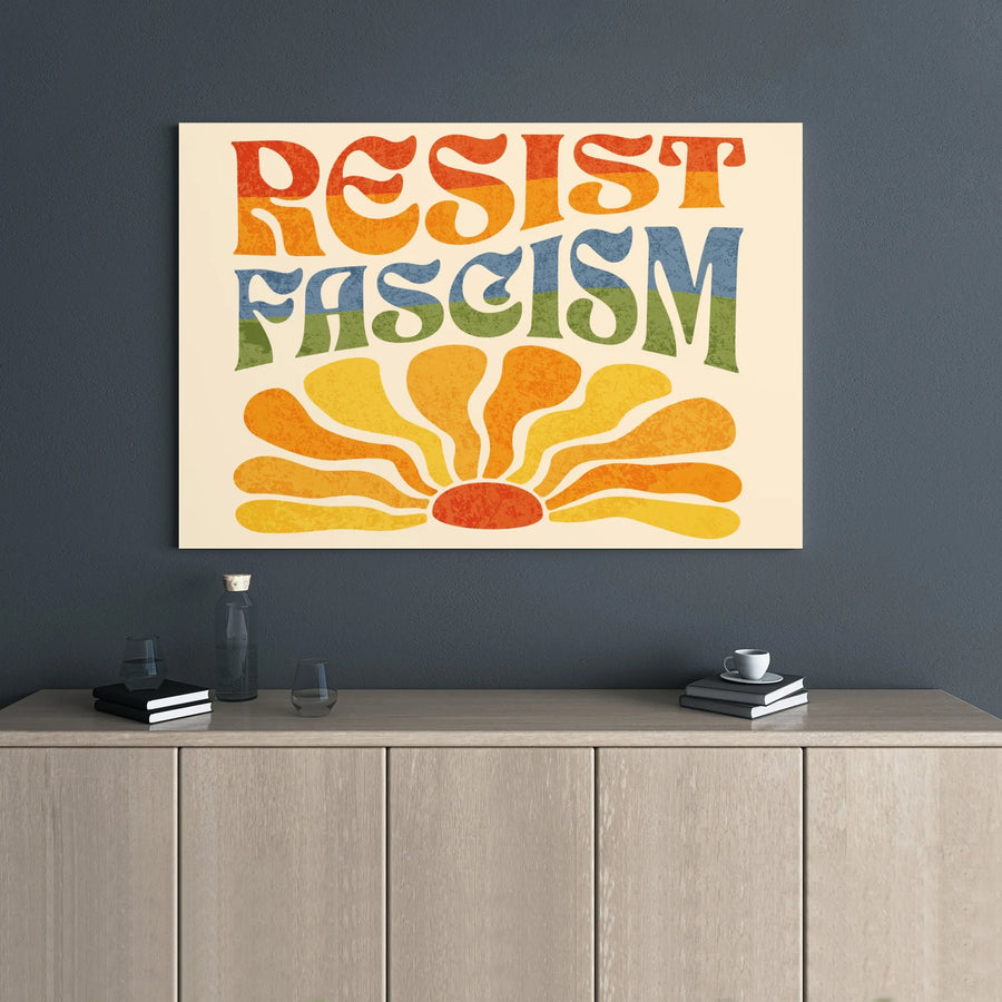 Resist Fascism Canvas Wall Art | Retro 70s Sun Graphic Print | Premium Gallery Wrap Wooden Frame | Protest Decor Gift