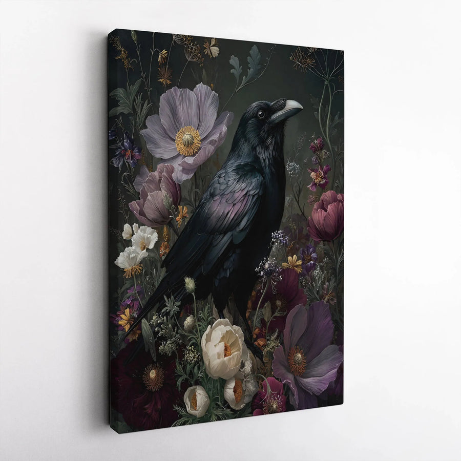 Raven Wall Art Canvas | Moody Gothic Floral Botanical Print | Premium Gallery Wrap Decor | Dark Academia Home Gift