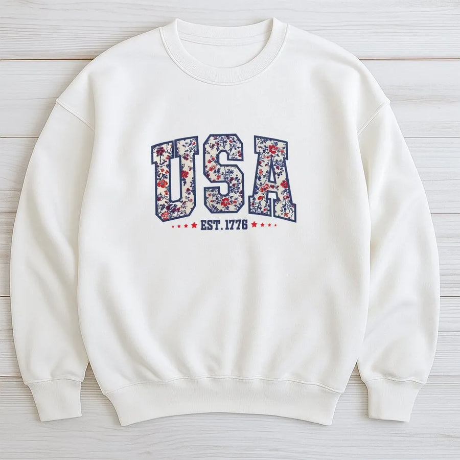 Girly USA Sweatshirt | Floral Patriotic Est 1776 Sweatshirt | Cozy Cotton Blend | 4th of July Gift for Women
