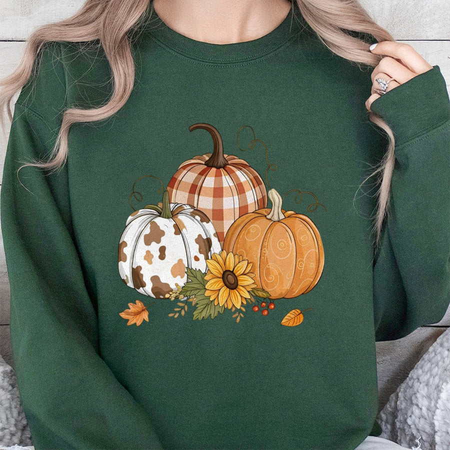 Fall Pumpkin Sweatshirt | Rustic Floral Cow Print Design | Premium Cotton Blend | Cozy Thanksgiving Aesthetic Gift For Women