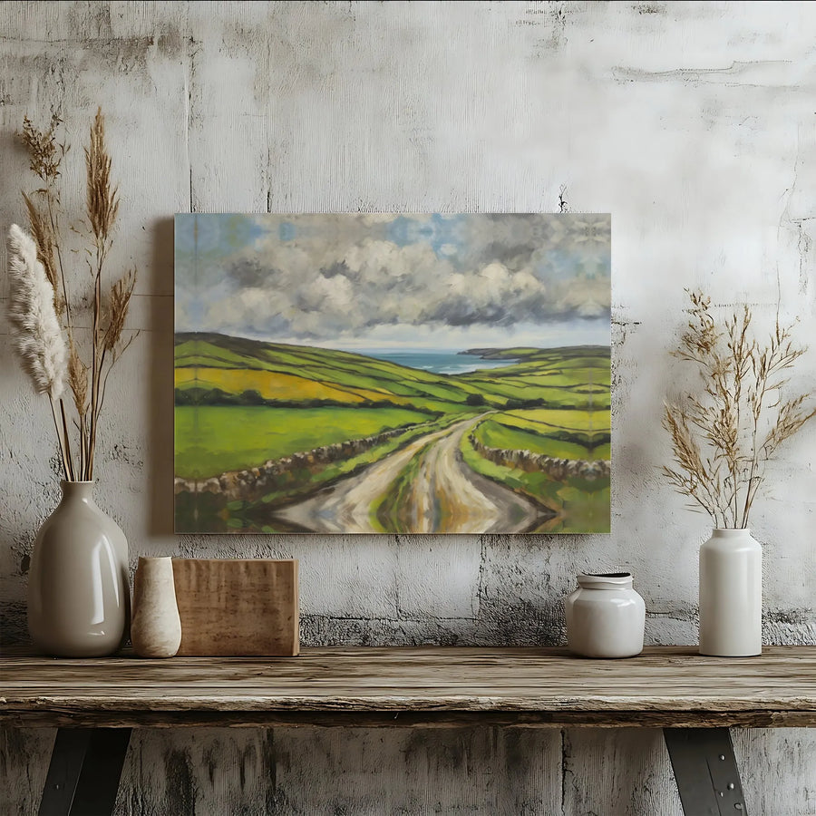 Irish Countryside Canvas Wall Art | Scenic Coastal Road Landscape Painting | Premium Gallery Wrapped Canvas | Rustic Farmhouse Home Decor Gift