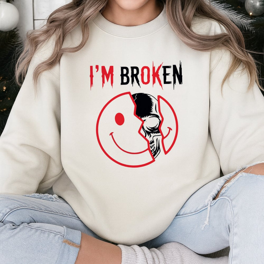 I'm Broken Skull Smiley Face Sweatshirt | Emo Aesthetic Graphic Pullover | Cotton Blend Streetwear | Edgy Alternative Fashion Gift for Adults