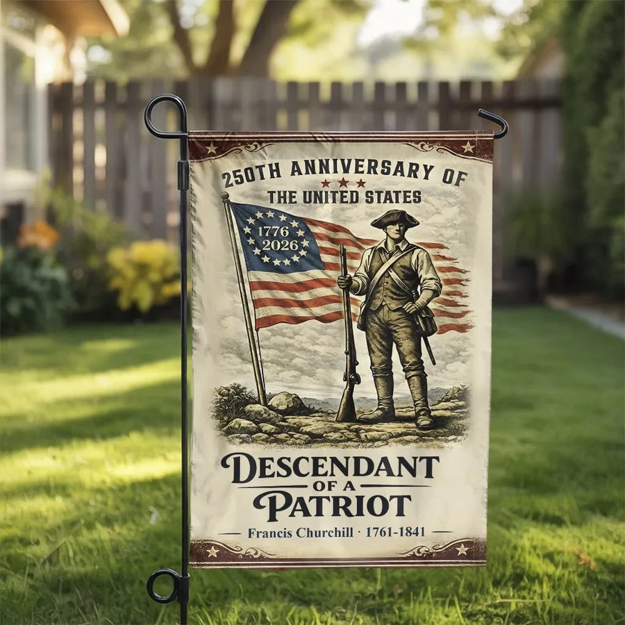 250th Anniversary Garden Flag | Descendant of a Patriot with 1776 Soldier | Double Sided Polyester | Commemorative Gift for Genealogy History Buffs