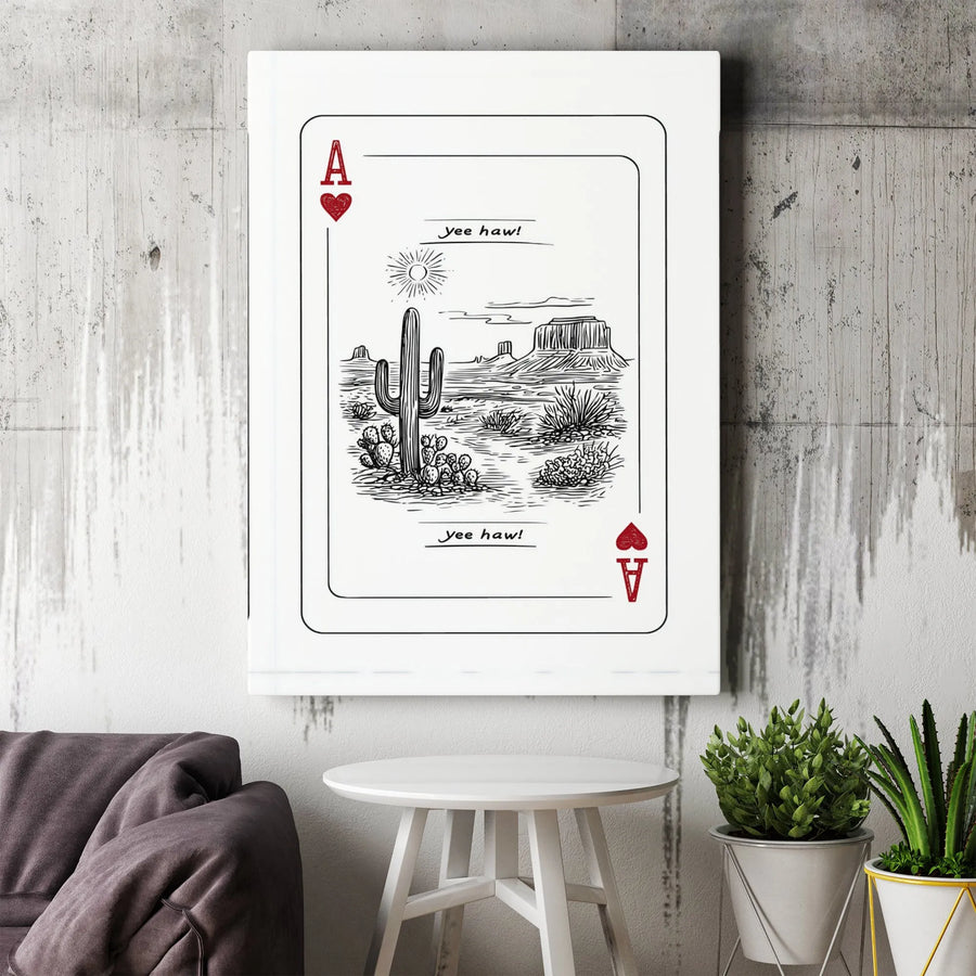 Ace of Hearts Playing Card Canvas | Desert Cactus Western Landscape Sketch | Premium Gallery Wrapped Art | Cowboy Home Decor Gift