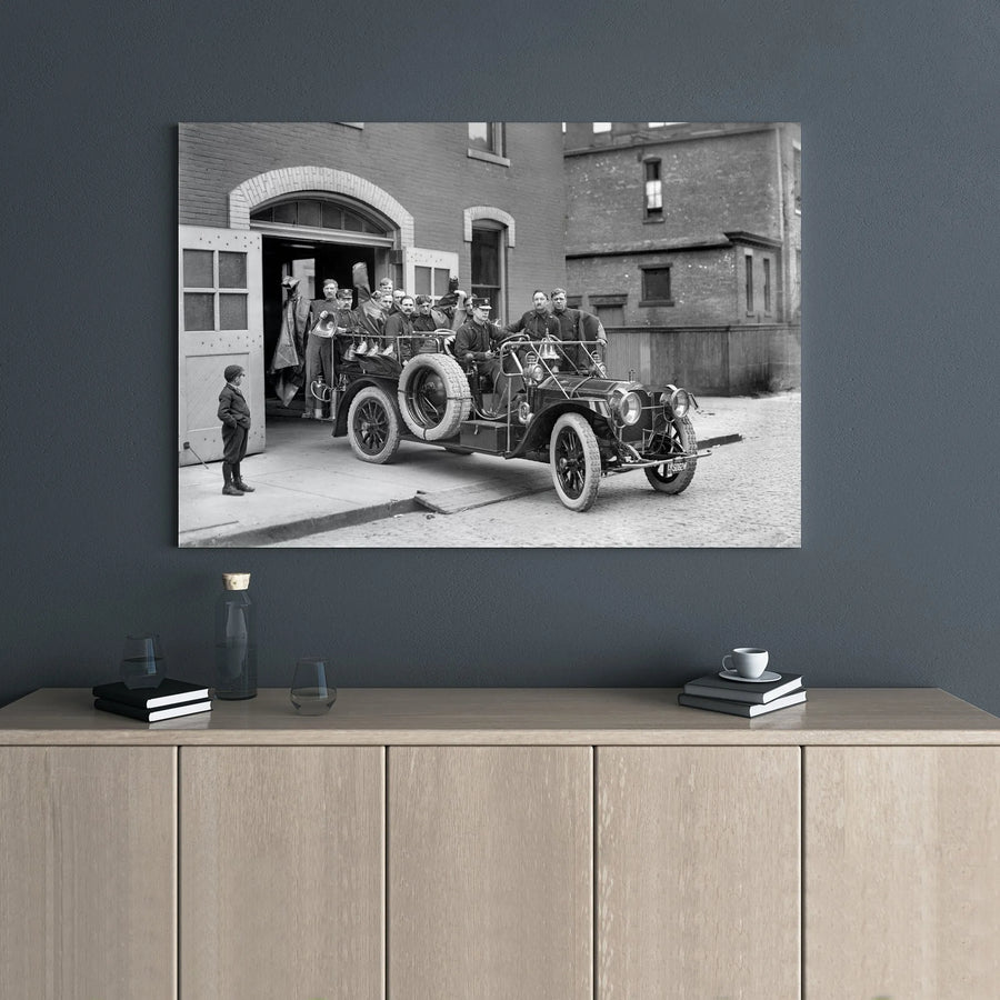 Vintage Firefighter Canvas Wall Art | Antique Fire Engine Photo Print | Gallery Wrapped Premium Decor | Historical Firehouse Gift for Him