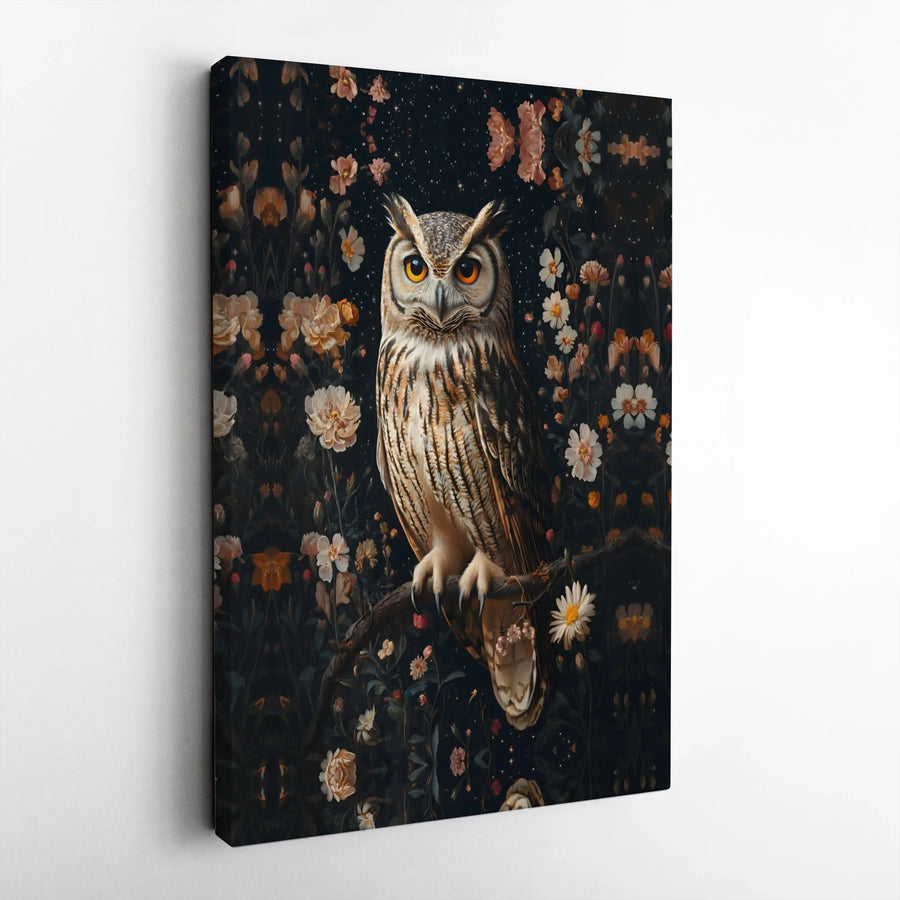 Great Horned Owl Wall Art | Floral Starry Night Canvas Print | Premium 1.25" Gallery Wrap | Nature-Inspired Home Decor Gift