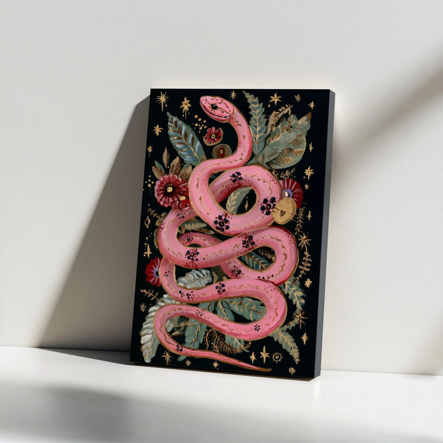 Pink Snake Wall Art | Celestial Botanical Serpent Print | Gallery Wrapped Premium Canvas | Gothic Witchy Home Decor Gift