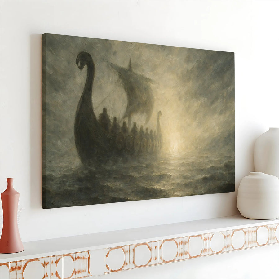 Viking Longship Wall Art | Misty Ocean Canvas Print | Premium 1.25 Inch Gallery Wrap | Norse Mythology Decor for Men's Study or Office