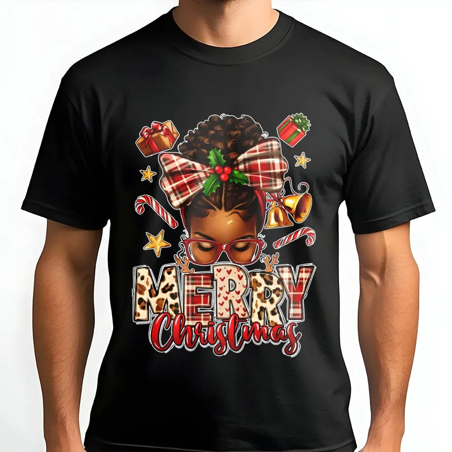 African American Merry Christmas T-Shirt | Afrocentric Holiday Woman Design | Premium Soft Cotton Tee | Festive Melanin Queen Gift Idea