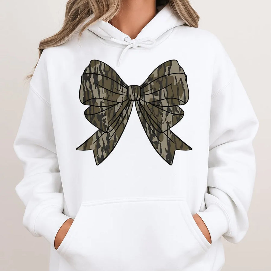 Camo Bow Hoodie | Coquette Aesthetic Camouflage Print | Premium Cotton Blend | Gift for Her Hunter Outdoor Enthusiast