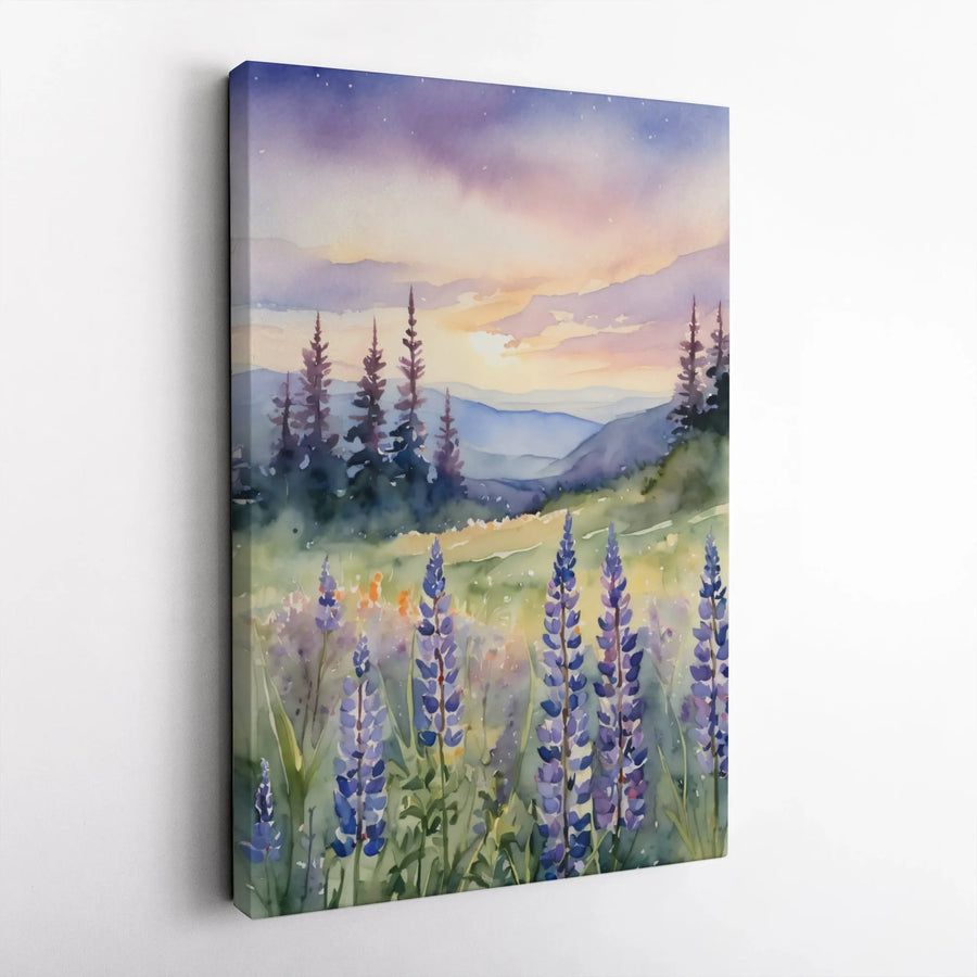 Watercolor Lupine Meadow Canvas Print | Mountain Sunset Landscape Wall Art | Gallery Wrapped Premium Decor | Nature Inspired Gift for Home